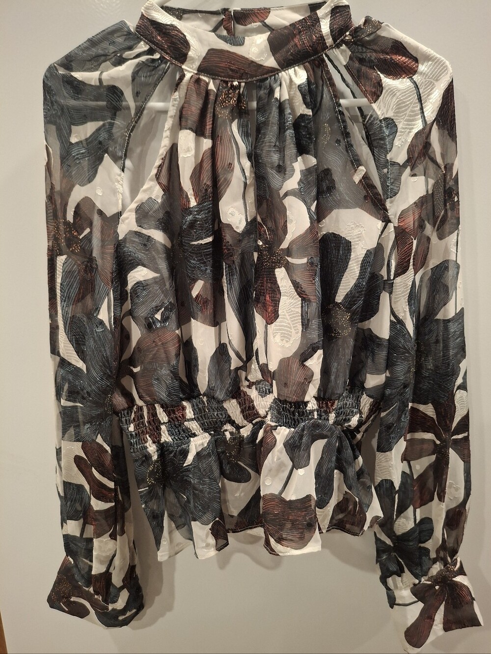 Sheer Floral-Print Blouson Blouse in Ivory with Brown & Blue Accents